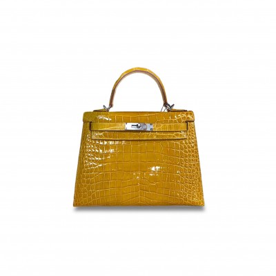 HERMÈS MASTER KELLY 28 SHINY AMBER SILVER BUCKLE NILE CROCODILE LEATHER (28*22*10cm) 